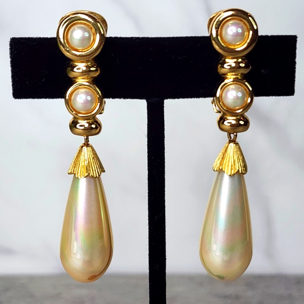 Christian Dior Vintage Clip-On Faux Pearl Drop Earrings - Picture 2 of 16